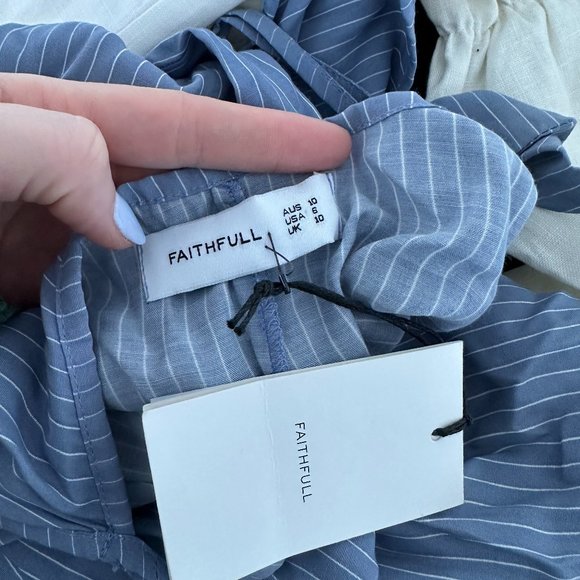 NWT Faithfull The Brand Kara Wrap Mini Dress V-neckline Sz M Oxford Blue Stripe - Picture 3 of 10